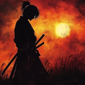 Silhouette of Warrior with Swords