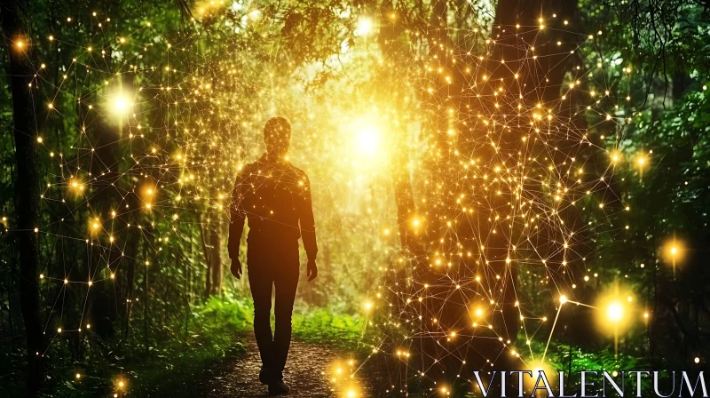 Man Walking in Illuminated Forest AI Image