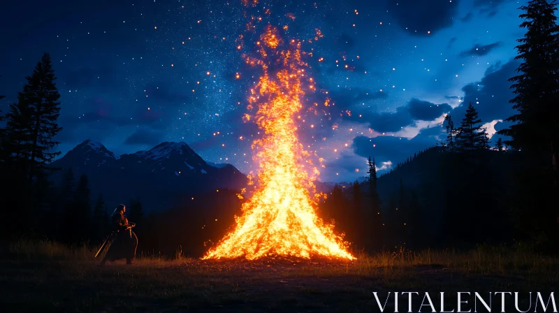 Giant Bonfire under Starry Night Sky in the Mountains AI Image