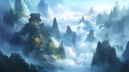 Mystical Mountain Vista with Traditional Building