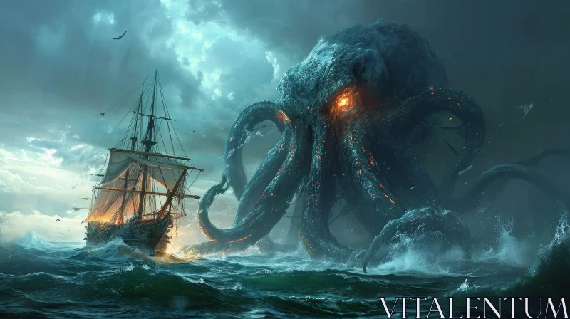 Giant Octopus Attacking Ship in Stormy Sea - Digital Painting AI Image