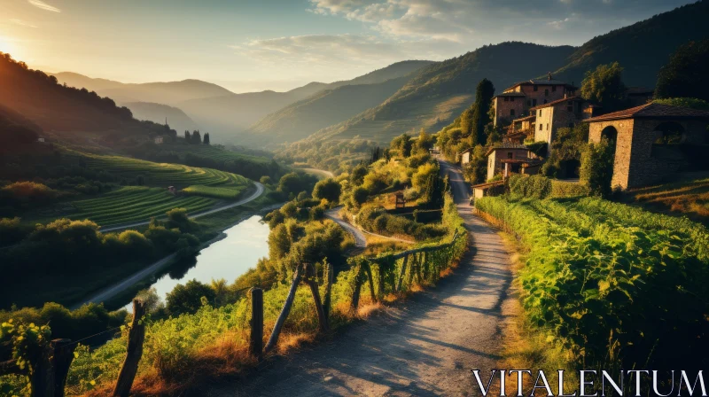 Italian Countryside at Sunset - A Romantic Riverscape AI Image