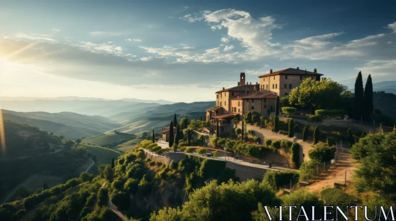 Serene Sunrise Over a Tuscan Village - Classical Architecture Meets Natural Beauty AI Image