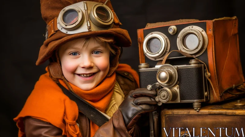 Vintage Photo Shoot: Enchanting Boy with Old-Fashioned Camera AI Image