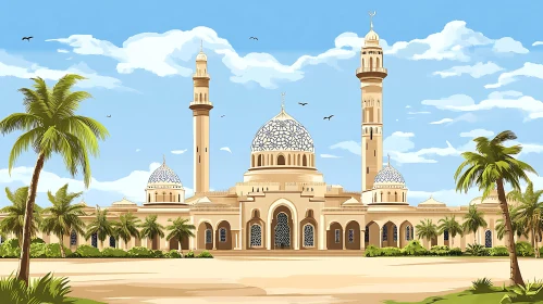 Islamic Mosque with Palm Trees