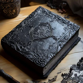 Ornate Dark Book on Wooden Table