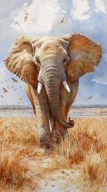 Elephant Among Golden Grasses