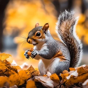 Squirrel with Nuts in Autumn Leaves
