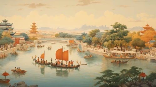 Scenic Riverfront City Painting