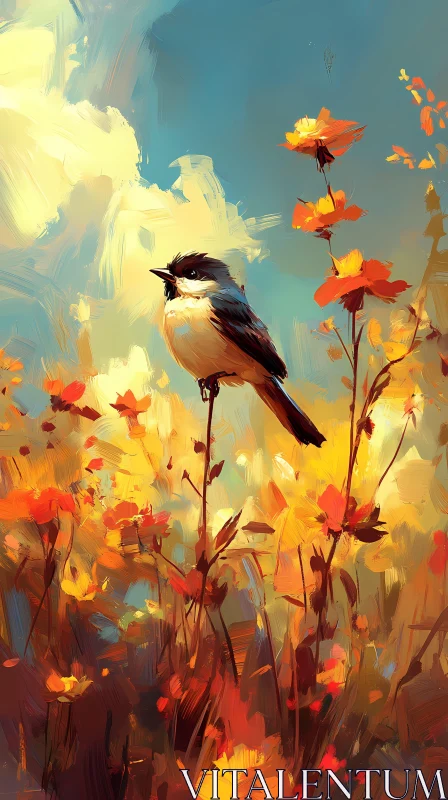 Bird in Flower Field at Sunset AI Image