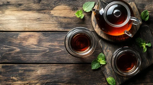 Tea with Mint on Wooden Table