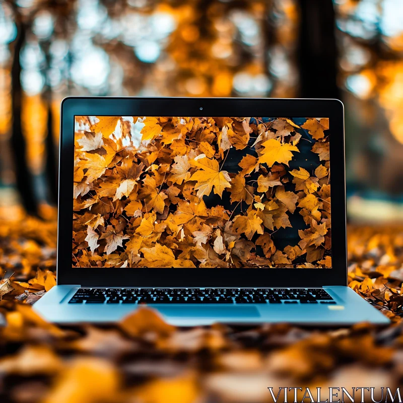 Seamless Autumn Leaves Display on Laptop Screen AI Image