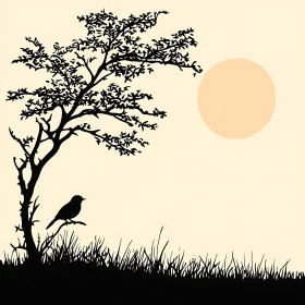 Sunset Silhouette with Tree and Bird