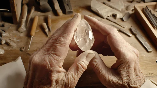 Craftsman's Hands Holding a Crystal in Workshop