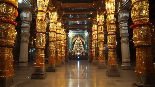 Ornate Temple Interior with Gilded Columns