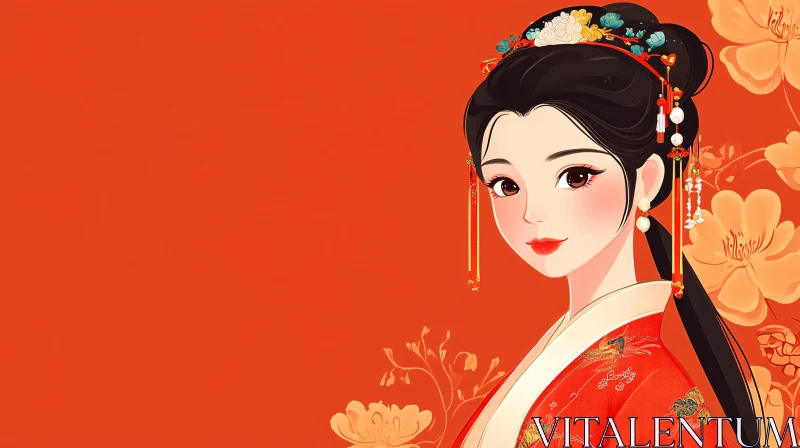 AI ART Traditional Asian Beauty with Floral Accents