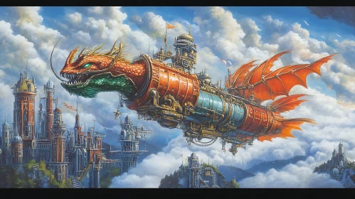 Mechanical Dragon Soaring Above Metropolis