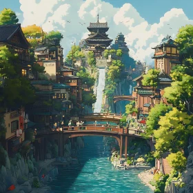 Tranquil River City View with Traditional Buildings