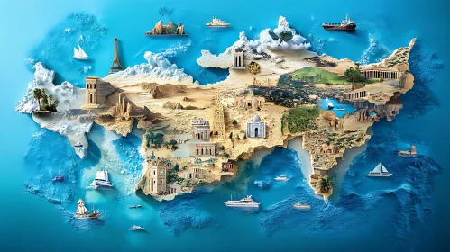 World Map with Iconic Architectural Wonders