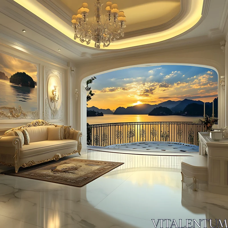 Elegant Interior Design with Balcony and Sunset AI Image