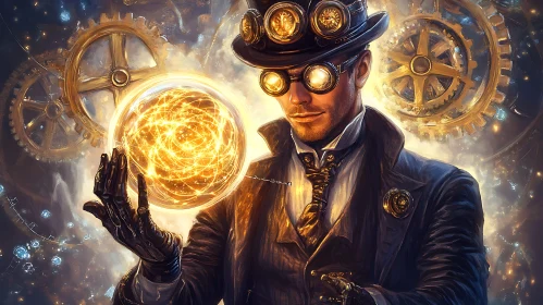 Man Holding Magic Orb Steampunk Art