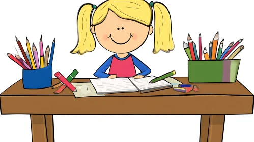 Cartoon Girl with Pencils at Desk