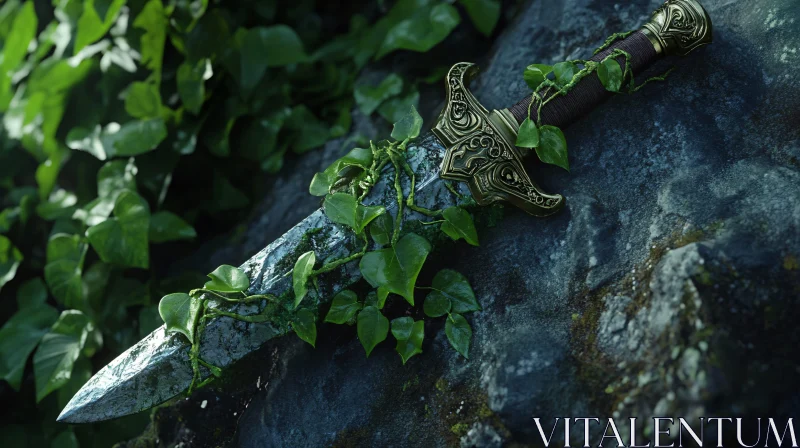 AI ART Weathered Sword on Stone with Green Ivy