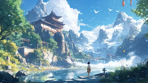 Tranquil Mountain Lake and Traditional Building
