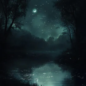 Tranquil Night River Scene with Moon