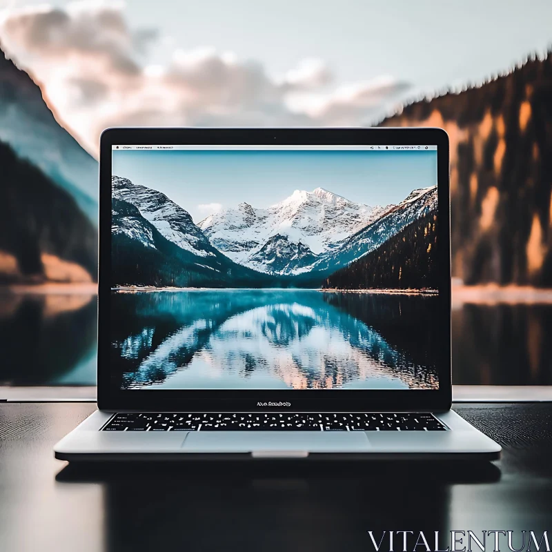 Reflective Laptop with Mountain View AI Image