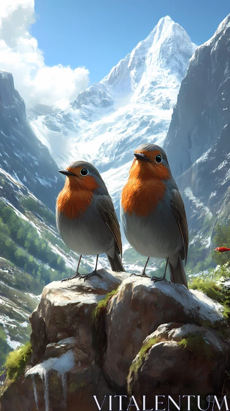 Birds on Rock with Mountain Backdrop AI Image