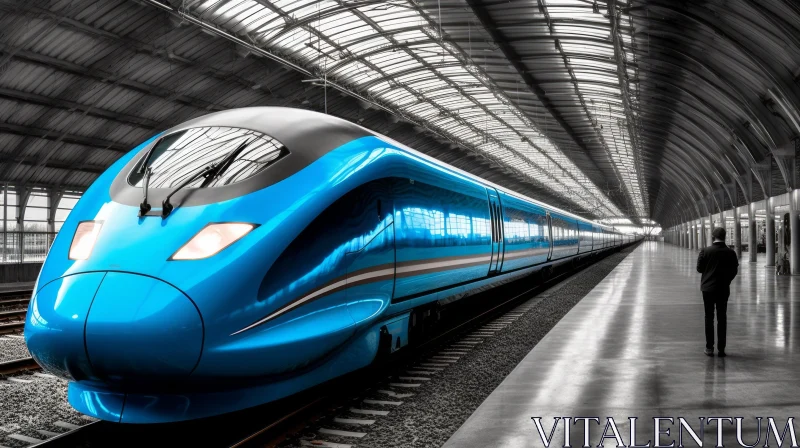Blue Train in a Station: Futuristic Architecture and Raw Energy AI Image
