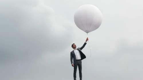 Businessman in Suit with White Balloon Against White Sky