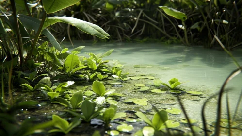 Close-up of a Serene Pond in a Tropical Forest
