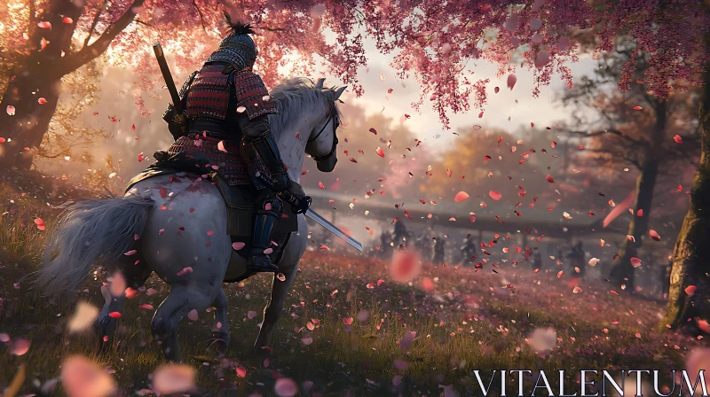 Warrior and Horse in Sakura Garden AI Image