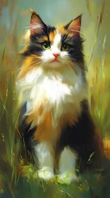 Artistic Calico Cat in Grass