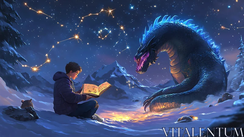 AI ART Fantasy Scene: Boy, Dragon and Starry Night