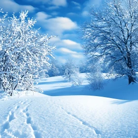 Serene Snowy Scene with Trees and Cloudy Sky