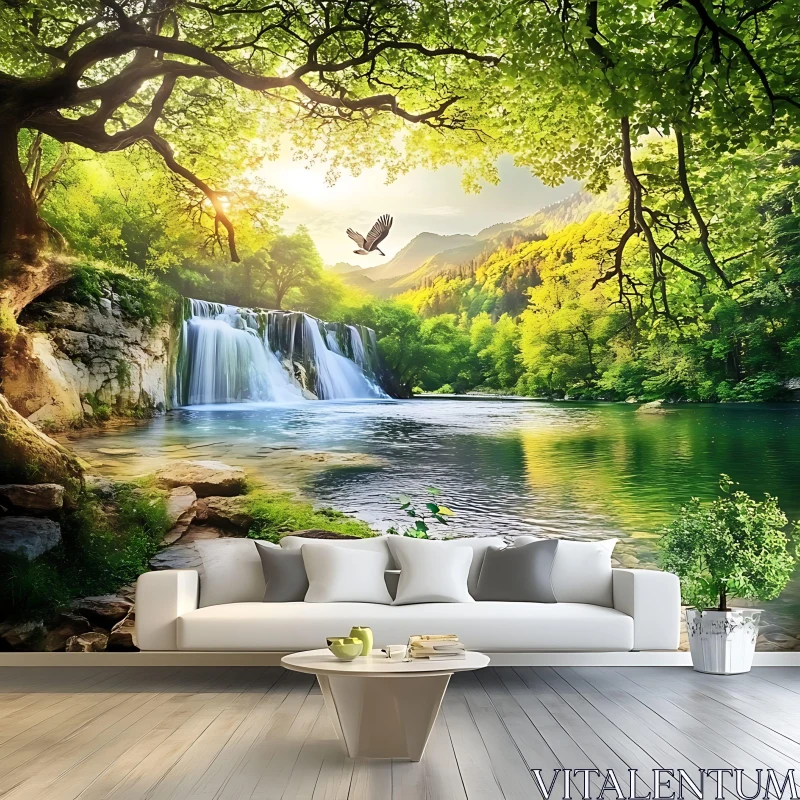 Tranquil Living Room with Forest Waterfall Scene AI Image