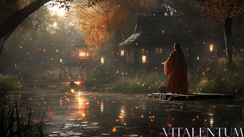 Lanterns and Reflections in Autumnal Landscape AI Image