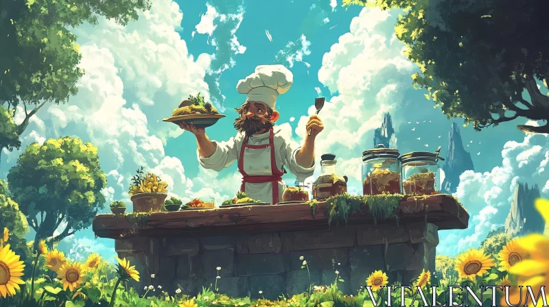 Chef Cooking Outdoors with Sunflowers AI Image