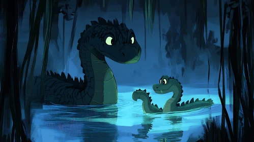 Cartoon Crocodiles in Water Illustration