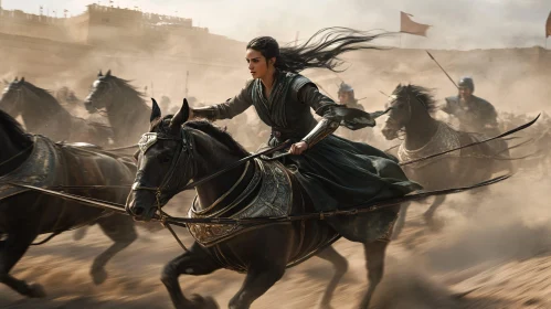 Female Warrior on Horseback Leading Charge