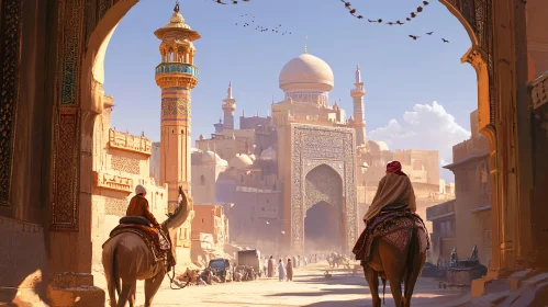 Desert Riders Approaching Ancient City Gate