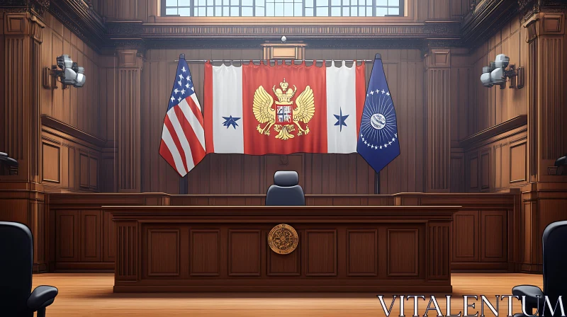 Courtroom Interior with Flags Illustration AI Image