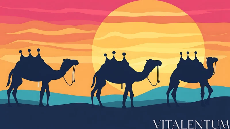 Camels at Sunset Art AI Image