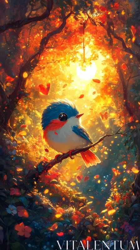 Bird Perched in Radiant Forest Light AI Image