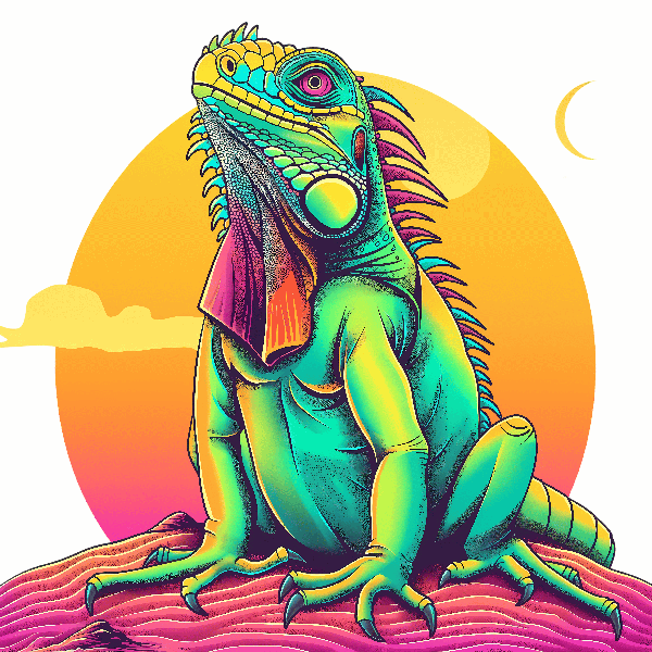 Vivid Iguana Illustration with Sunset Backdrop POD Design