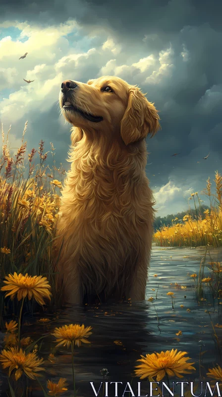 AI ART Dog in Flowered Landscape