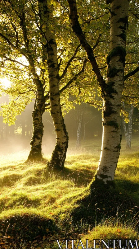 Morning Glow in a Birch Tree Forest AI Image